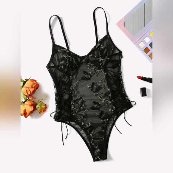 Lilosy Women Sexy Lace Up Floral Embroidered Teddy Lingerie Bodysuit Top Mesh - Picture 1 of 4